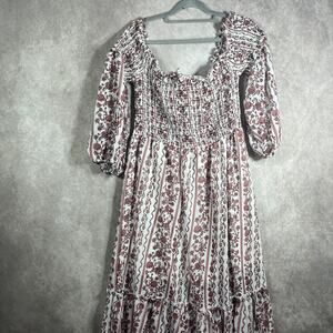 For Justify Maxi Dress Womens 3X White Brown Floral Tiered Smocked Boho Milkmaid